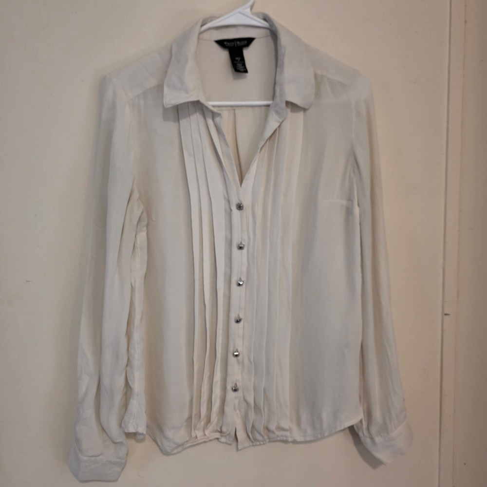 White House Black Market Womens Silk Blouse Size 8 Pleated Button Quiet Luxury